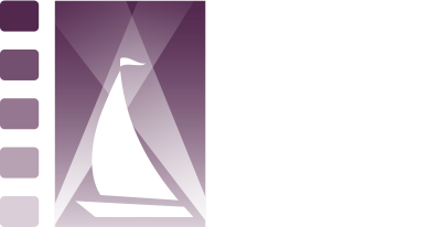 Annapolis Film Society logo featuring a white sailboat silhouette against purple spotlight beams, alongside vertical filmstrip holes and the text 'Annapolis Film Society'.