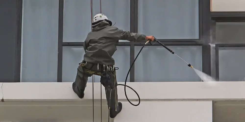 Pressure washing high-rise building facade