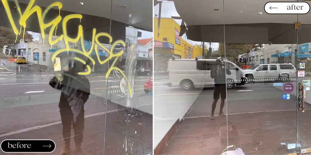 Before-and-after view of graffiti removed from a shopfront glass window.