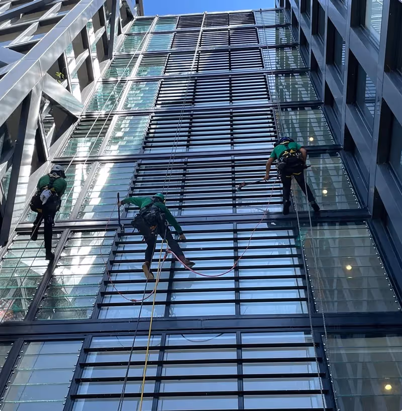  A trio of Bax window cleaners abseiling down the side of a multistorey commercial building.