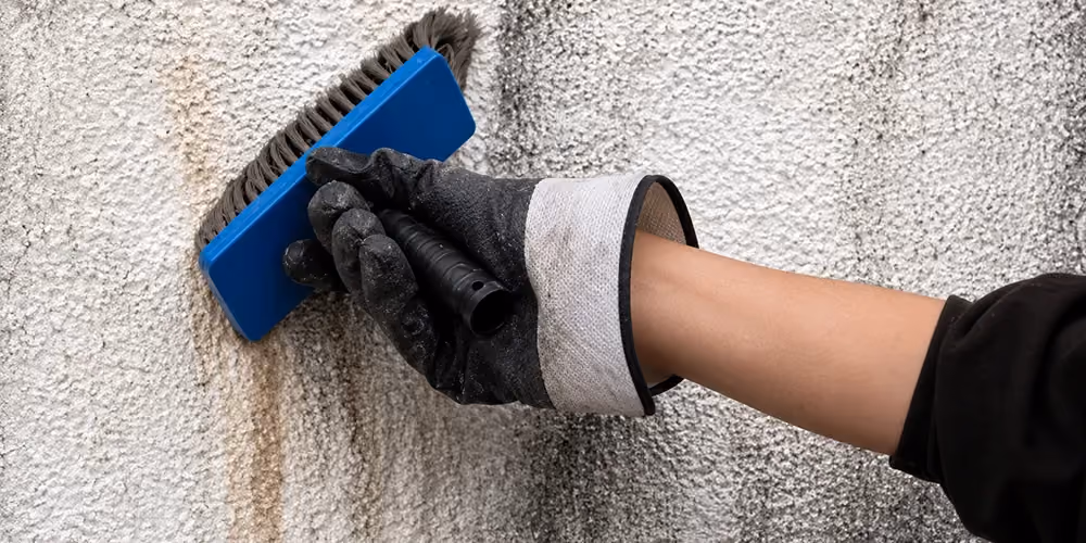 Technician removing graffiti from a textured masonry wall using a handheld brush and cleaning solution.