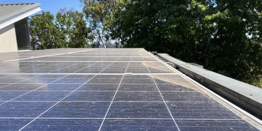 Port Melbourne solar panels coated in salt residue and coastal grime before professional cleaning.