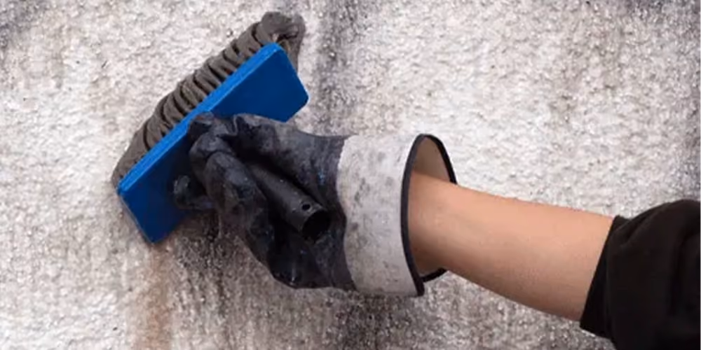 Technician scrubbing graffiti from a textured exterior wall at a Port Melbourne building.