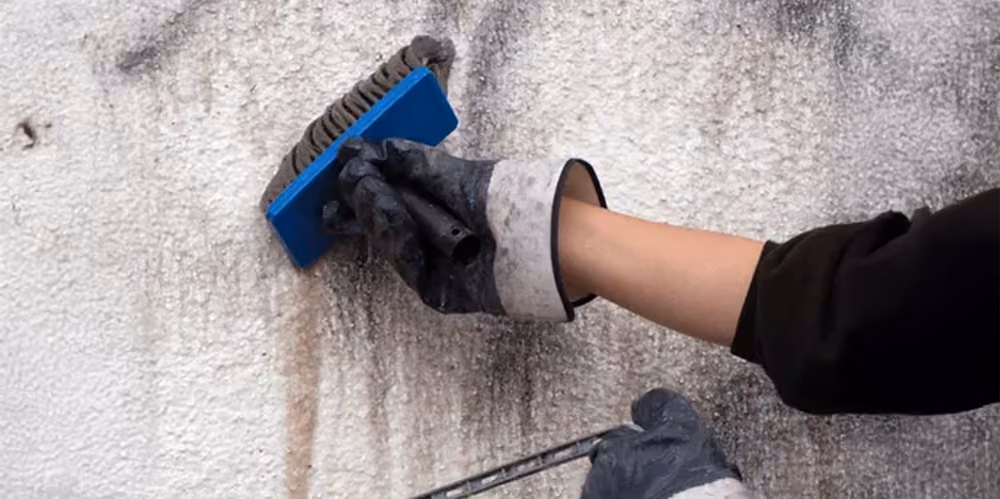 Technician scrubbing graffiti from a textured exterior wall at a Mulgrave property.