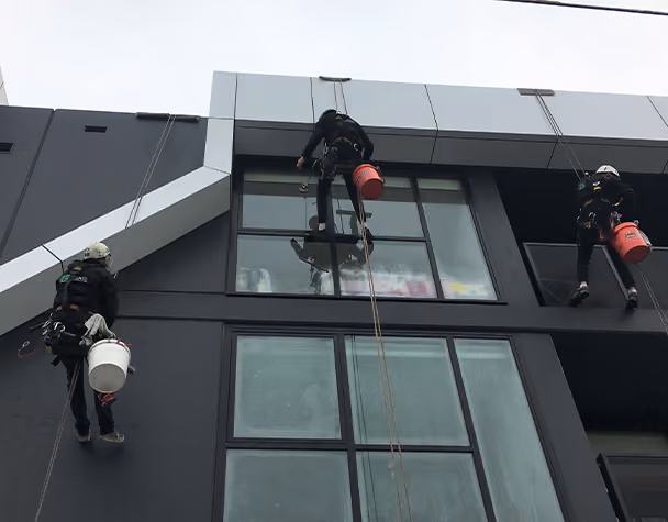 Rope access technicians cleaning the exterior windows of a modern hotel building while suspended on safety ropes, using buckets and professional equipment to maintain the building's glass façade.