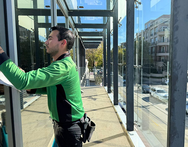Technician cleaning exterior glass windows beneath a covered walkway at a commercial office building in Toorak.