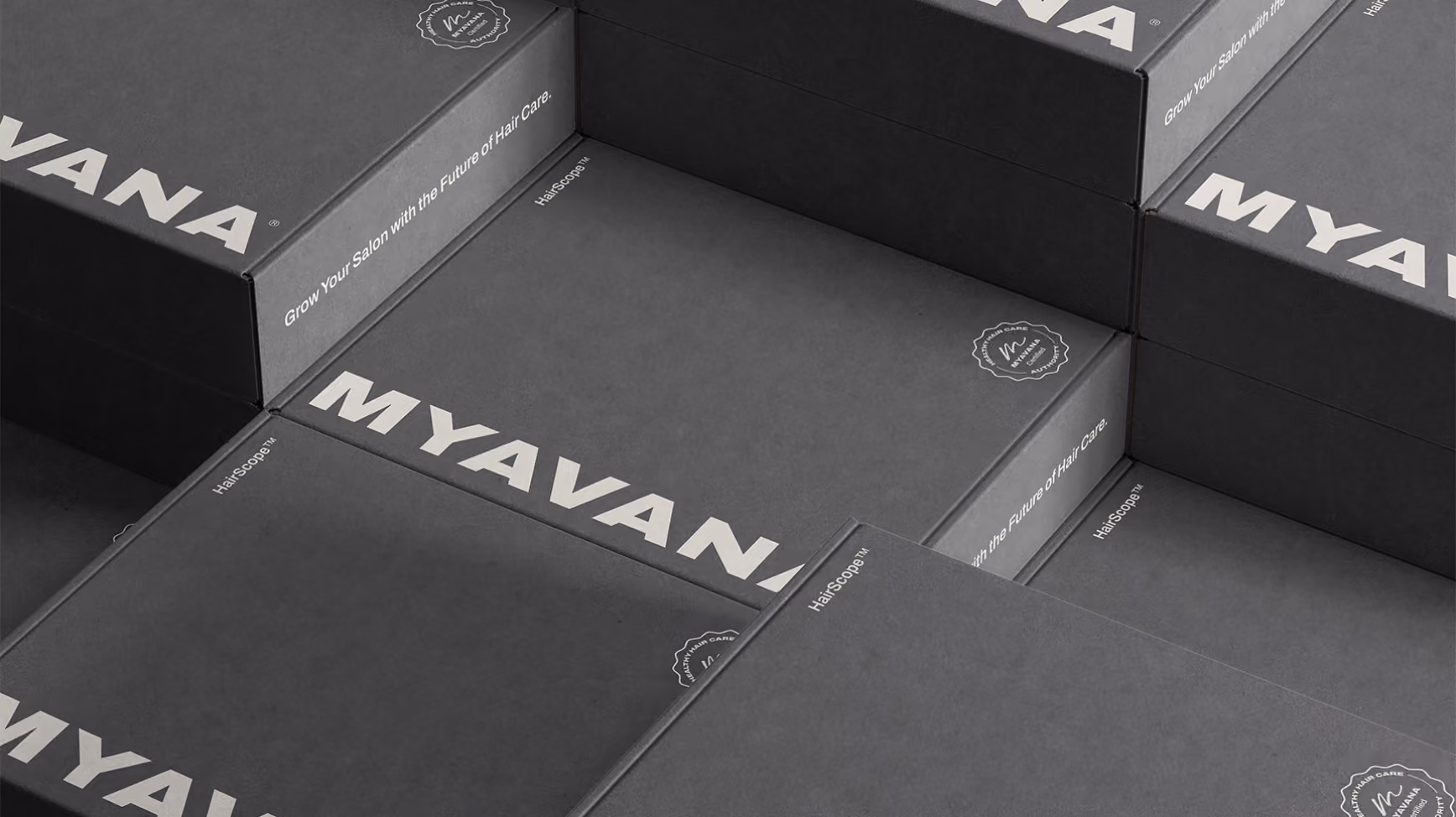 Myavana packaging: dark grey boxes stacked like steps, with the Myavana wordmark embossed