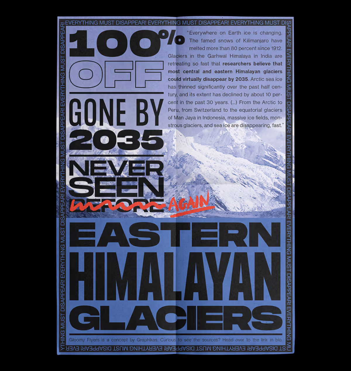 Everything must disappear poster, blue: ‘100% off, gone by 2035 — Eastern Himalayan glaciers’