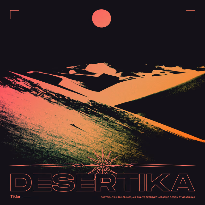 Desertika album cover for Tikler: a red and orange desert ridge under a red sun