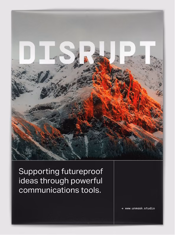 Unmask poster ‘Disrupt’: a red-lit mountain peak under white stencil type