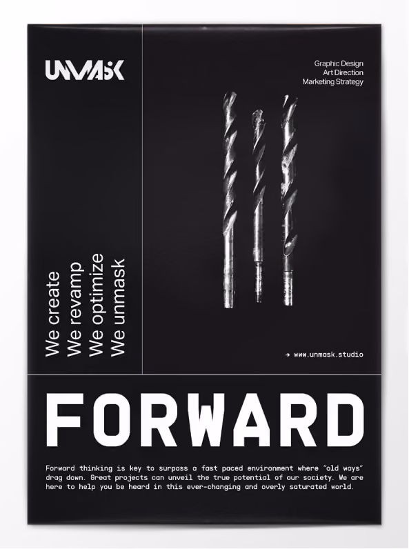 Unmask poster ‘Forward’: black poster with drill bits and the word FORWARD