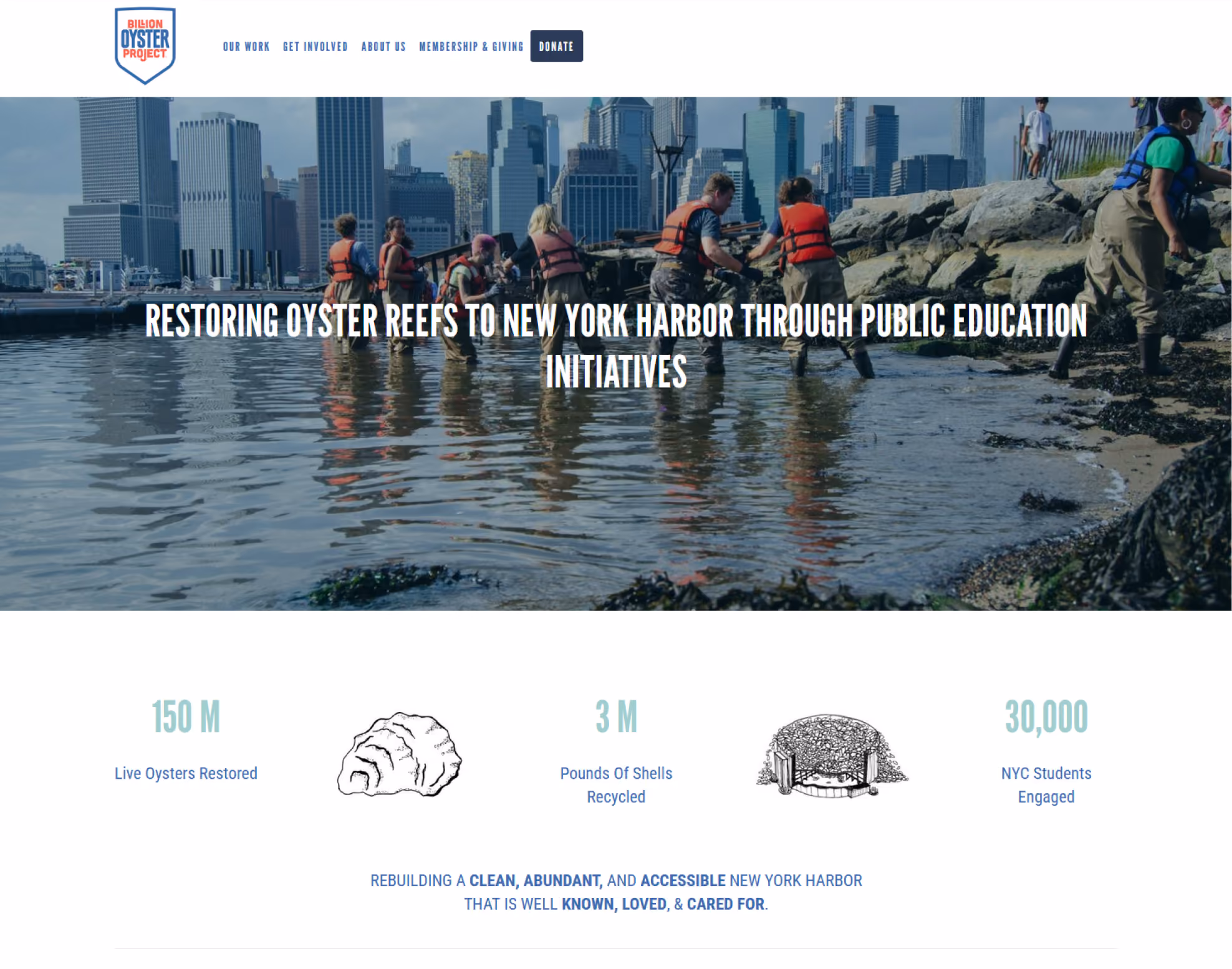 Billion Oyster Project website before: Squarespace homepage with a harbour photo and three impact figures
