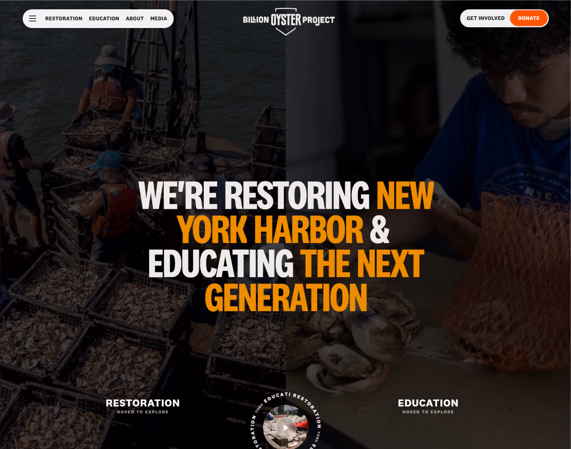 Billion Oyster Project website after: split hero reading ‘We're restoring New York Harbor & educating the next generation’