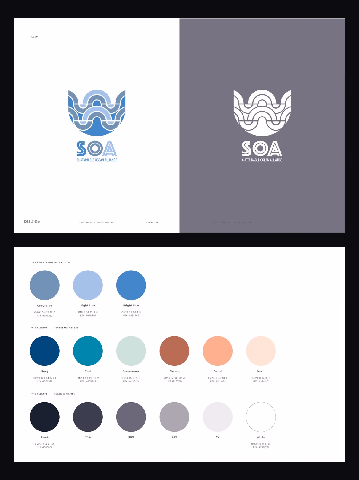 SOA's 2020 brand guidelines: the blue wave logo and a palette of blues, teal, coral and greys