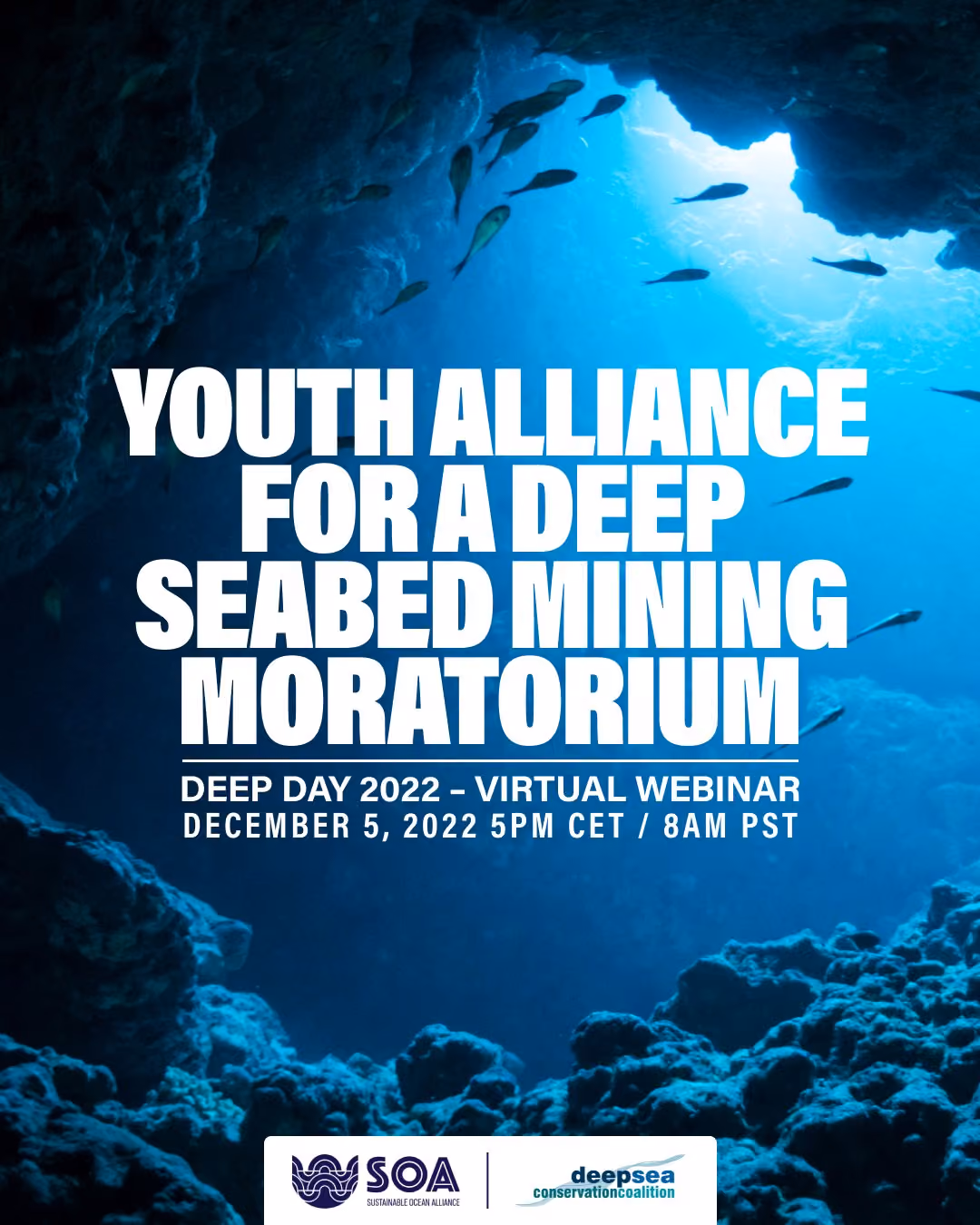 Post announcing the Youth Alliance for a Deep Seabed Mining Moratorium webinar, over an underwater cave