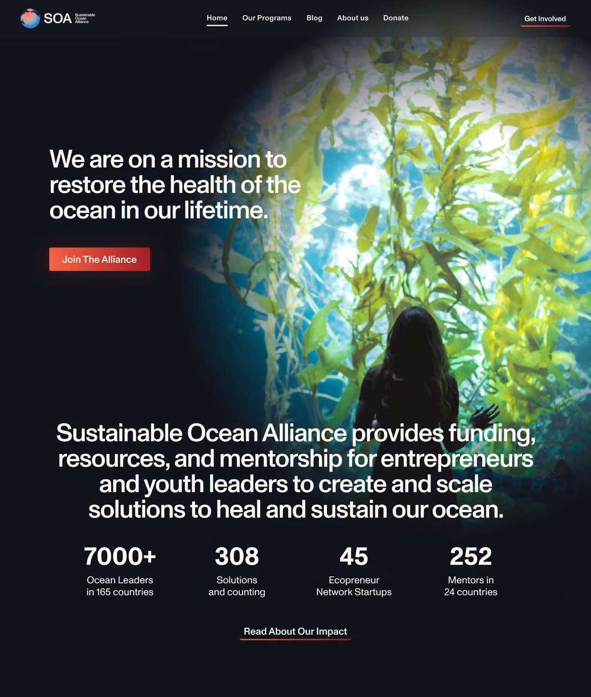 Unreleased SOA homepage design: a figure in a kelp forest under 'We are on a mission to restore the health of the ocean in our lifetime'