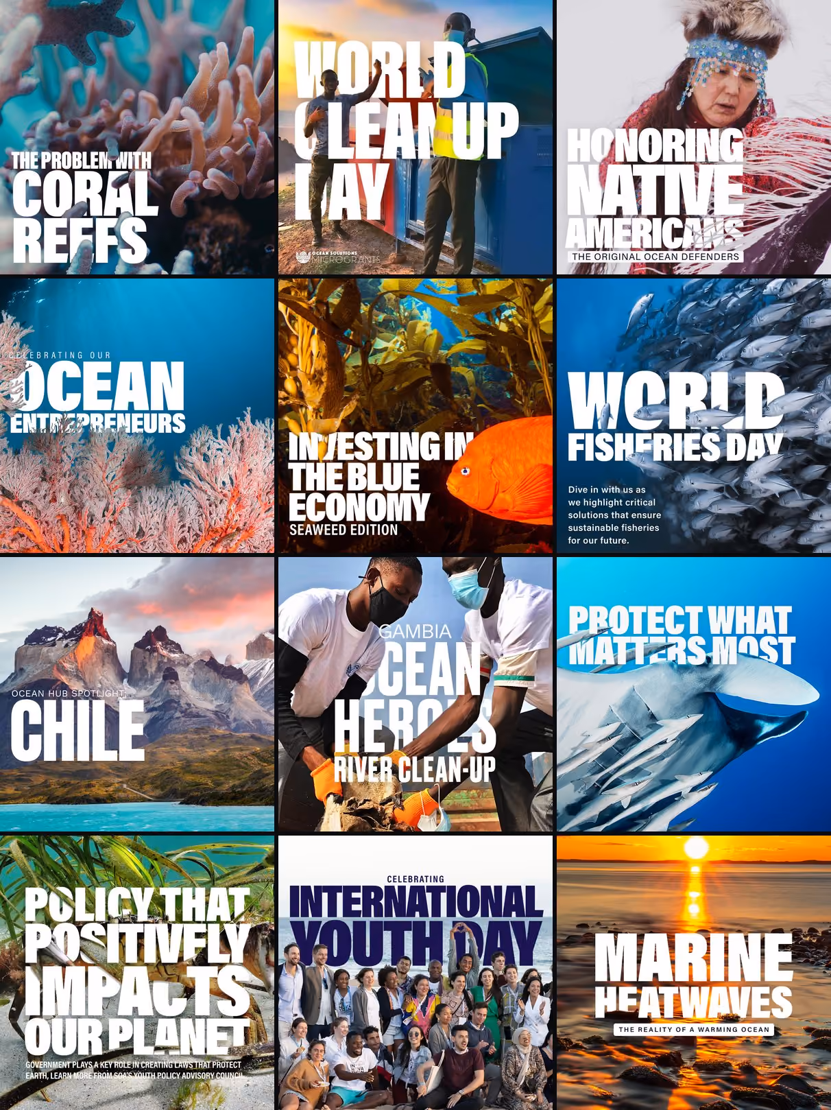 A grid of twelve SOA Instagram posts from 2021 and 2022, all with full-bleed ocean photos and heavy condensed white headlines