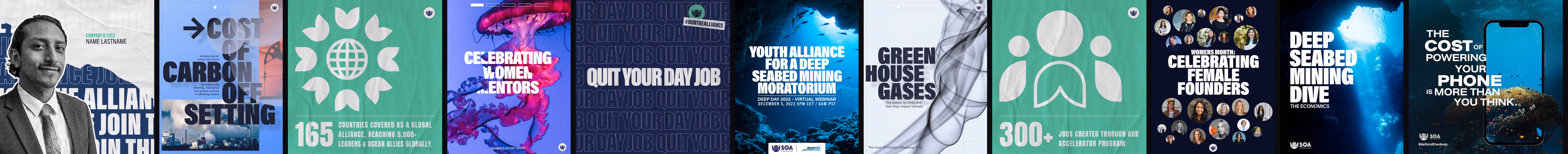 The 2022 refresh: bitmap cut-out portraits, sticker labels, paper textures, a green accent, and posts for Cost of Carbon Offsetting, Women's History Month and deep seabed mining