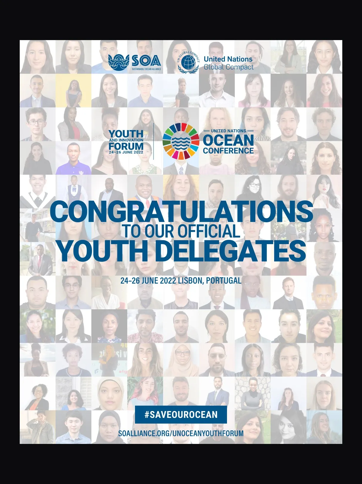 Delegate announcement: Congratulations to our official youth delegates, over a mosaic of the delegates' faces