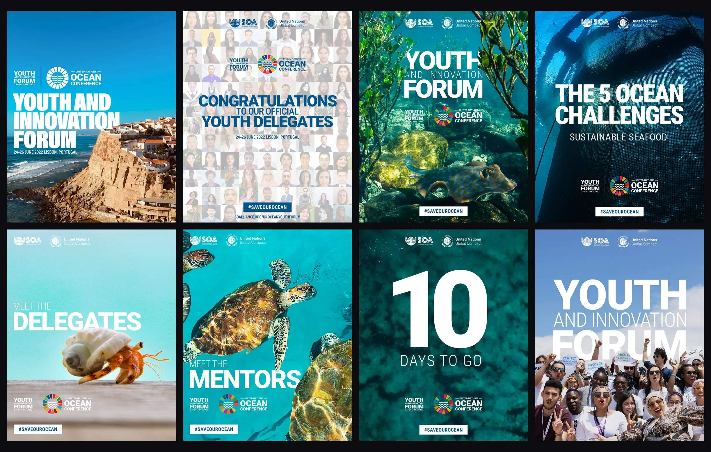 Eight Youth & Innovation Forum posts: the forum announcement, the delegate mosaic, the program, the ocean challenges, meet the delegates, meet the mentors, the countdown and the recap