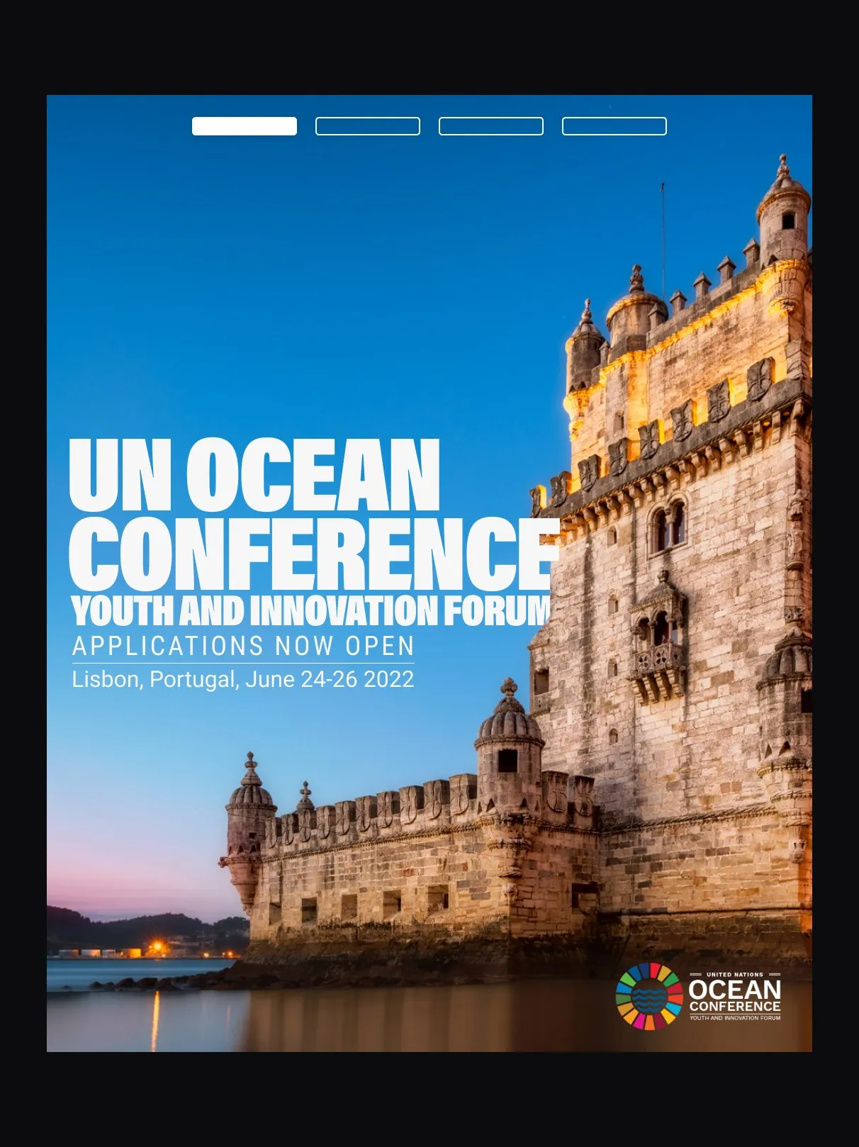 Application post: UN Ocean Conference Youth and Innovation Forum, applications now open, over Lisbon's Belém Tower at dusk