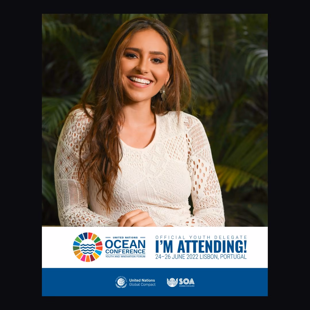 I'm attending frame: a delegate photo above an Official Youth Delegate, I'm attending! band with the UN Ocean Conference, UN Global Compact and SOA marks