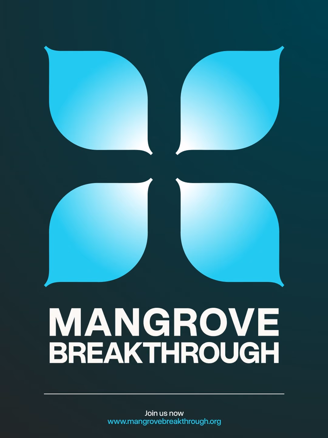 Social post with the four-petal clover in a turquoise gradient above the Mangrove Breakthrough wordmark, on deep teal