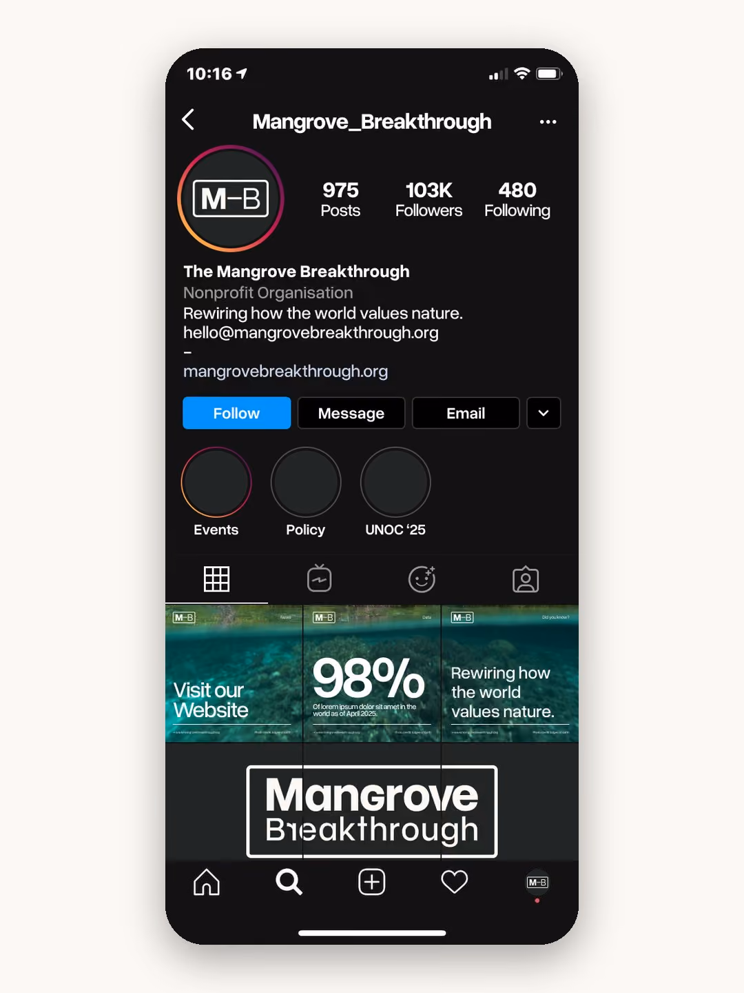 Instagram profile mockup for a route that was set aside: a boxed typographic wordmark and an M–B monogram