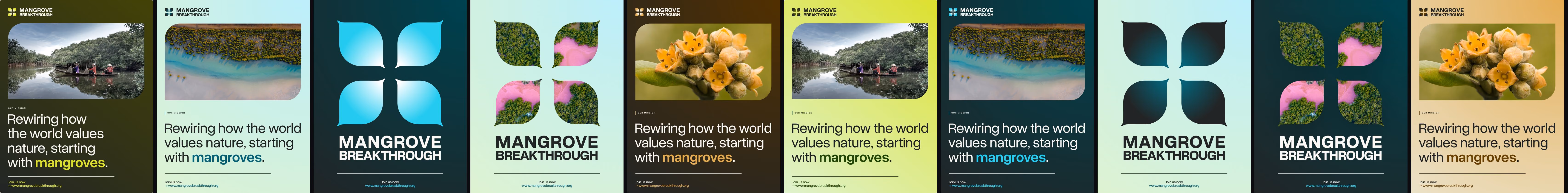 Ten social templates in dark and light versions: mission posts over mangrove photography, the clover, petals cut out of aerial photos, and a mangrove flower