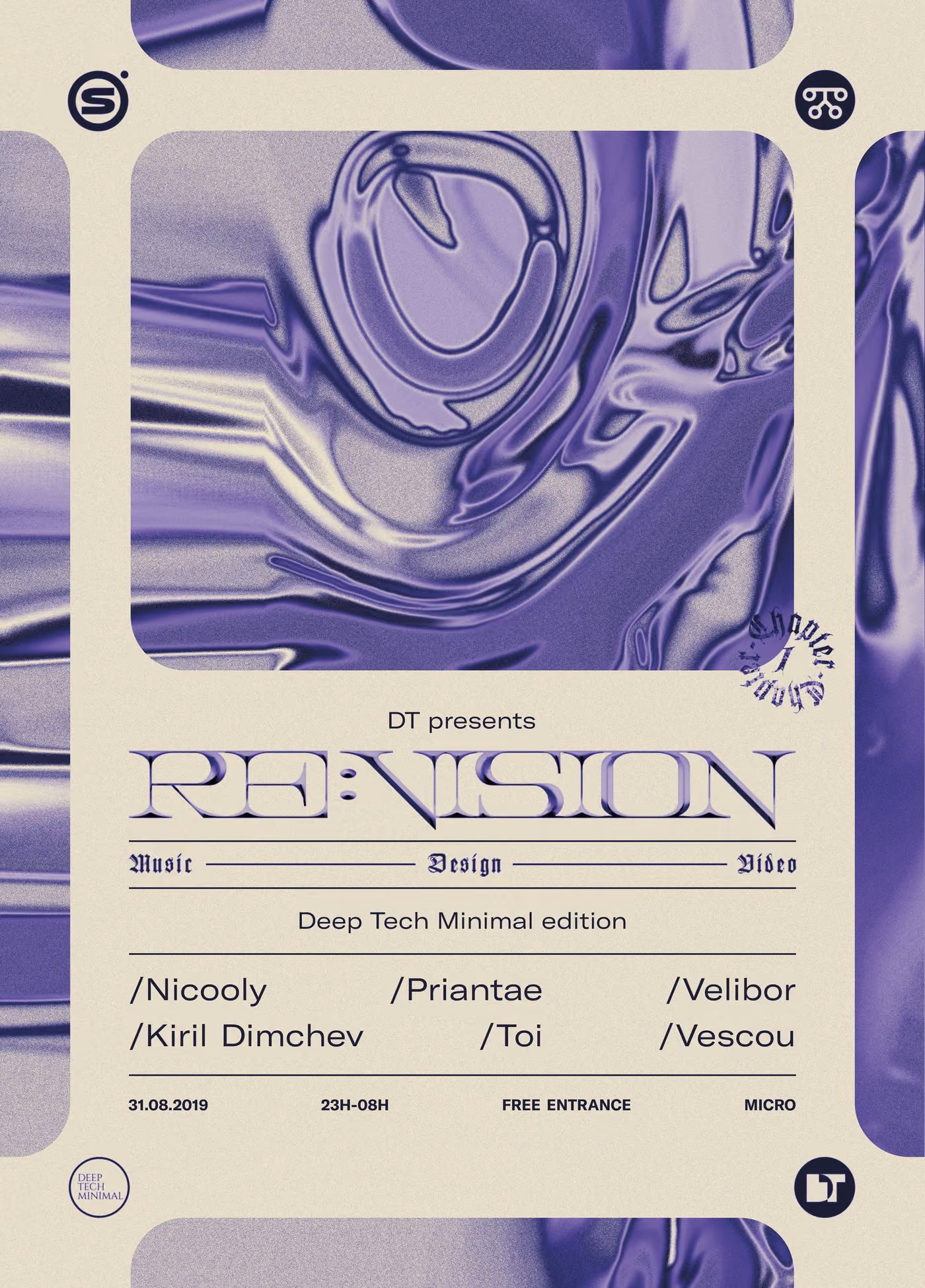 Re-vision poster: purple liquid-chrome shapes framing the lineup for a Deep Tech Minimal night at Micro, Sofia, 21 August 2019