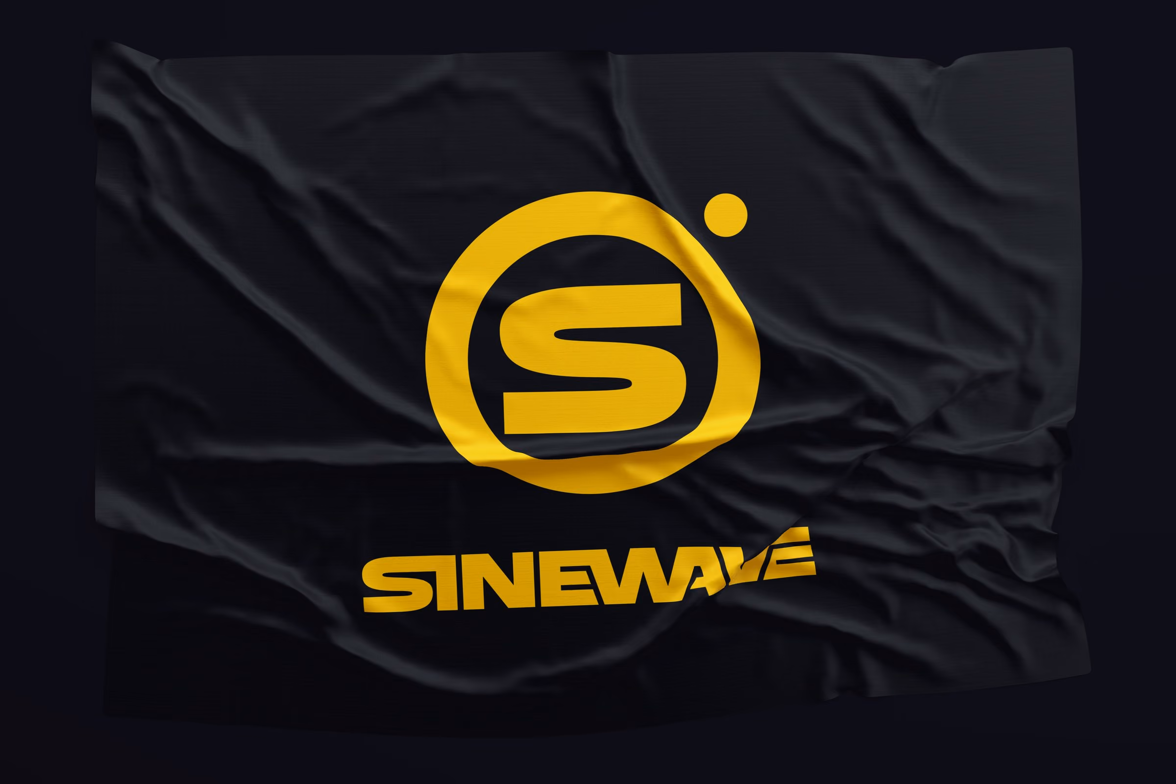 Sinewave flag: a yellow circular S logo above the SINEWAVE wordmark on crumpled black fabric