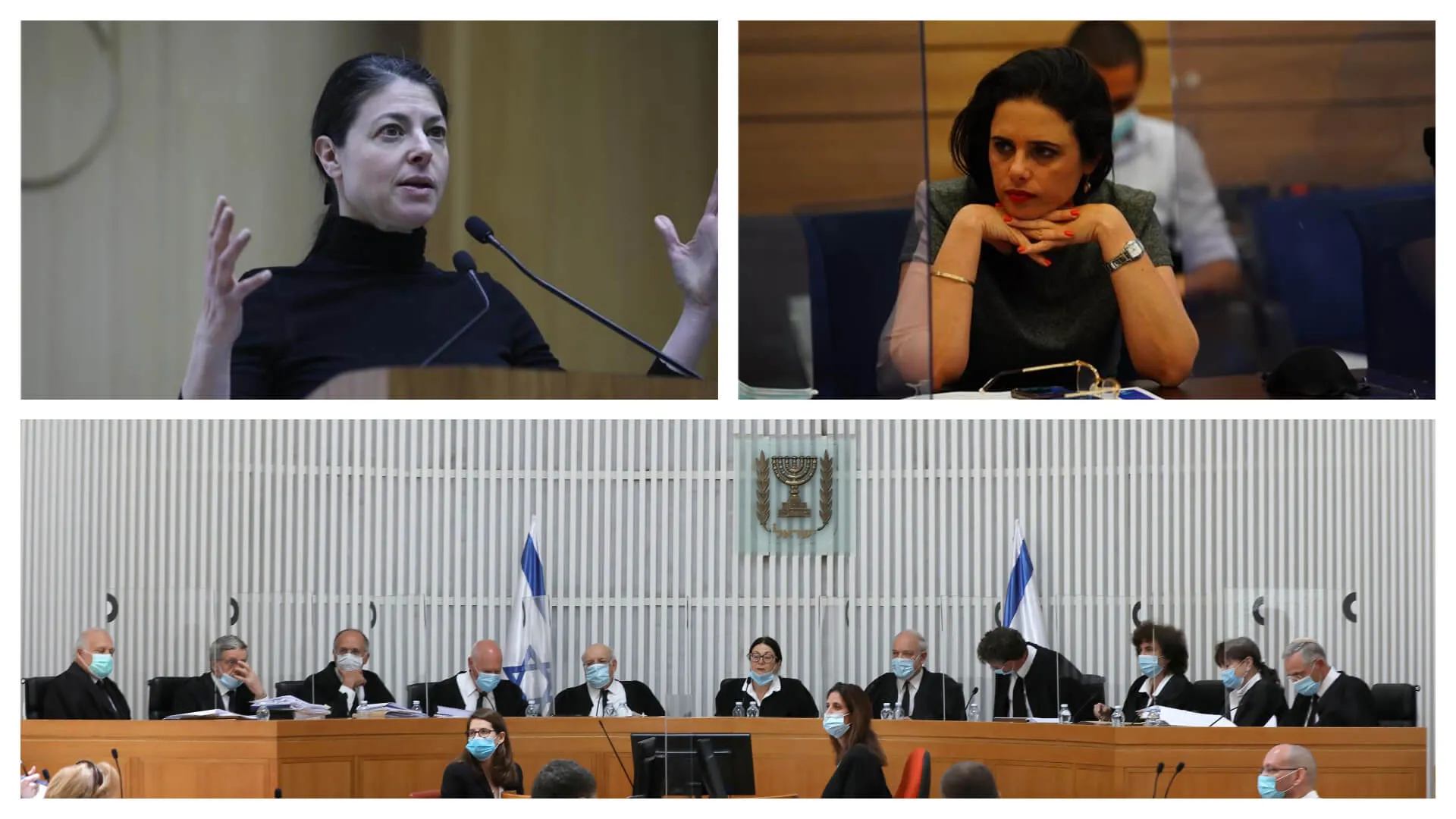 מרב מיכאלי (משמאל), איילת שקד ושופטי בית המשפט העליון. צילומים: יצחק הררי, עדינה ולמן - באדיבות דוברות הכנסת, רויטרס