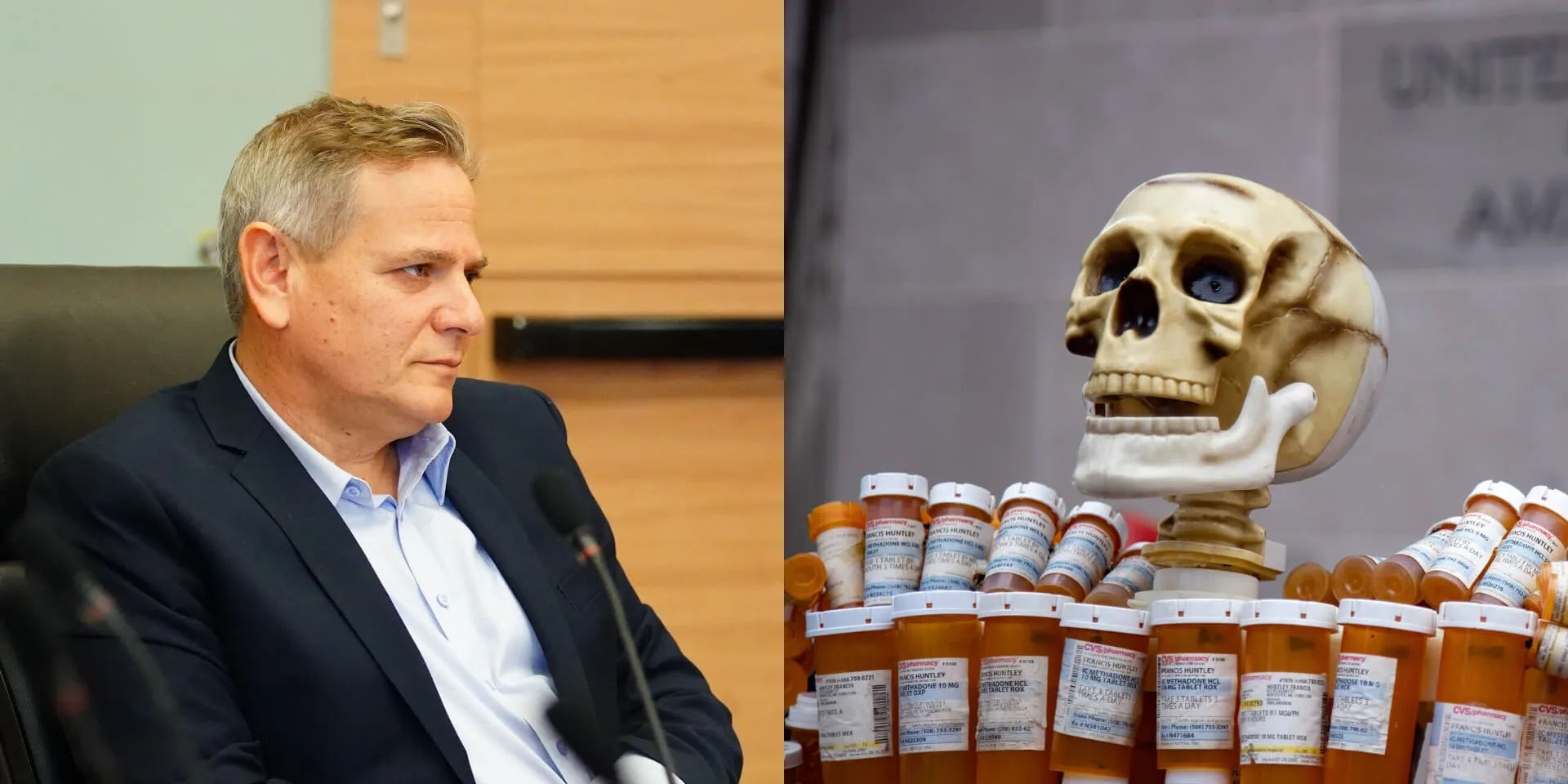 שר הבריאות ניצן הורוביץ וצילום מהפגנה בארה"ב נגד השימוש באופיואידים. צילומים: עדינה ולדמן - דוברות הכנסת, רויטרס