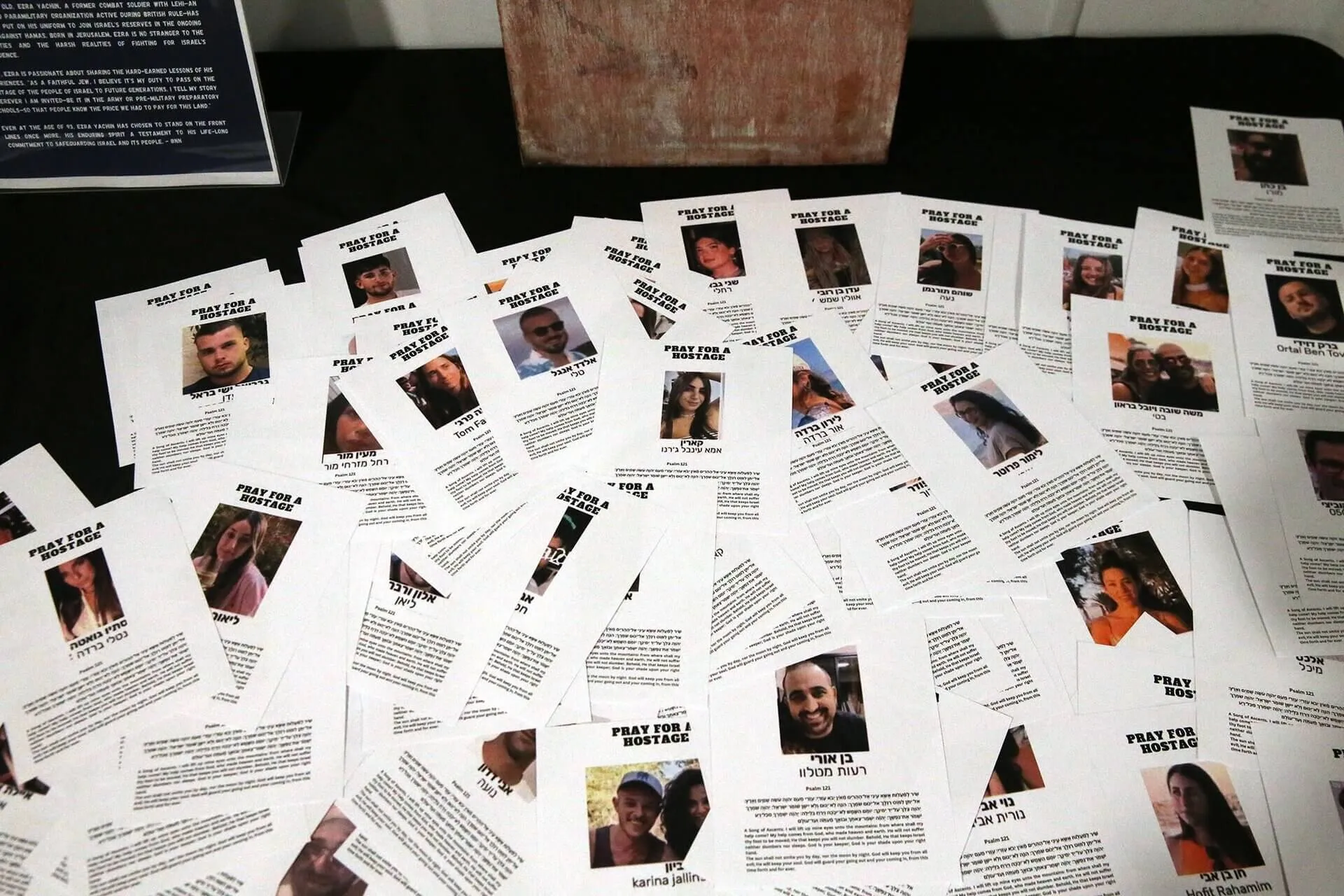 Prayer cards for Israelis who have been kidnapped by terrorists. Photo: Reuters