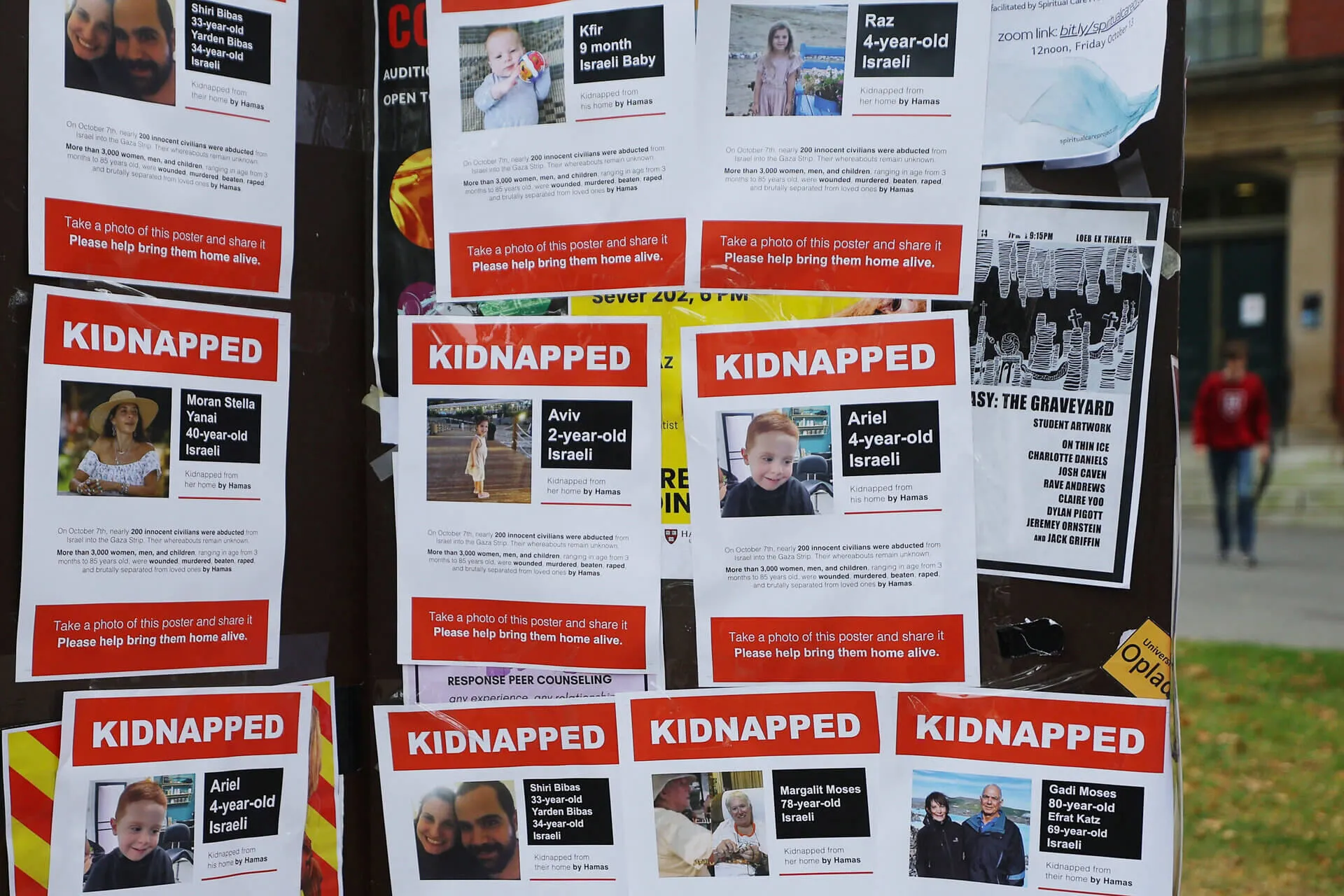 Posters of Israeli hostages in Gaza at Harvard University. Photo: Reuters