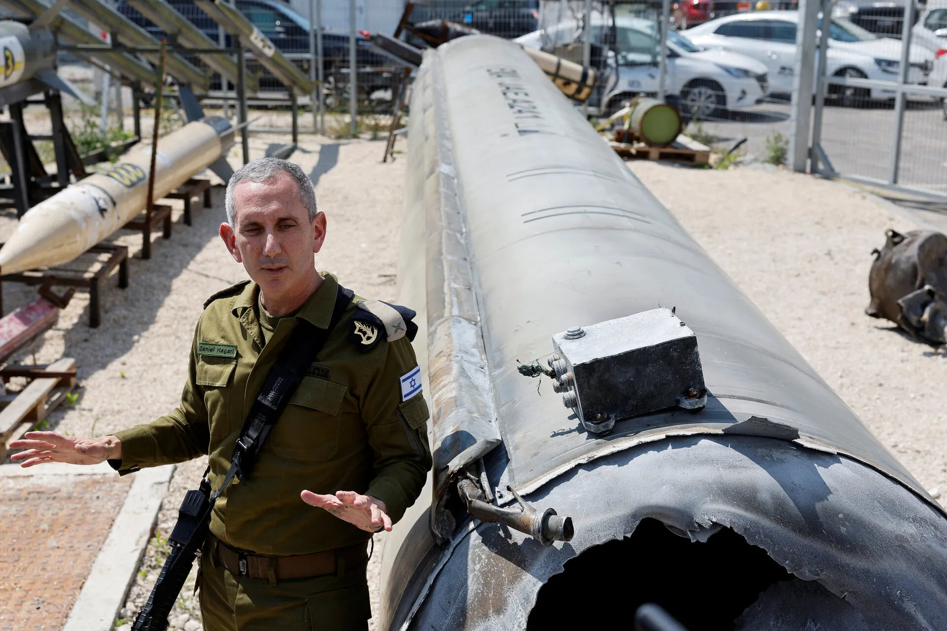 Israeli military spokesperson Daniel Hagari displays what the IDF says is an Iranian ballistic missile retrieved from the Dead Sea. Photo: Reuters