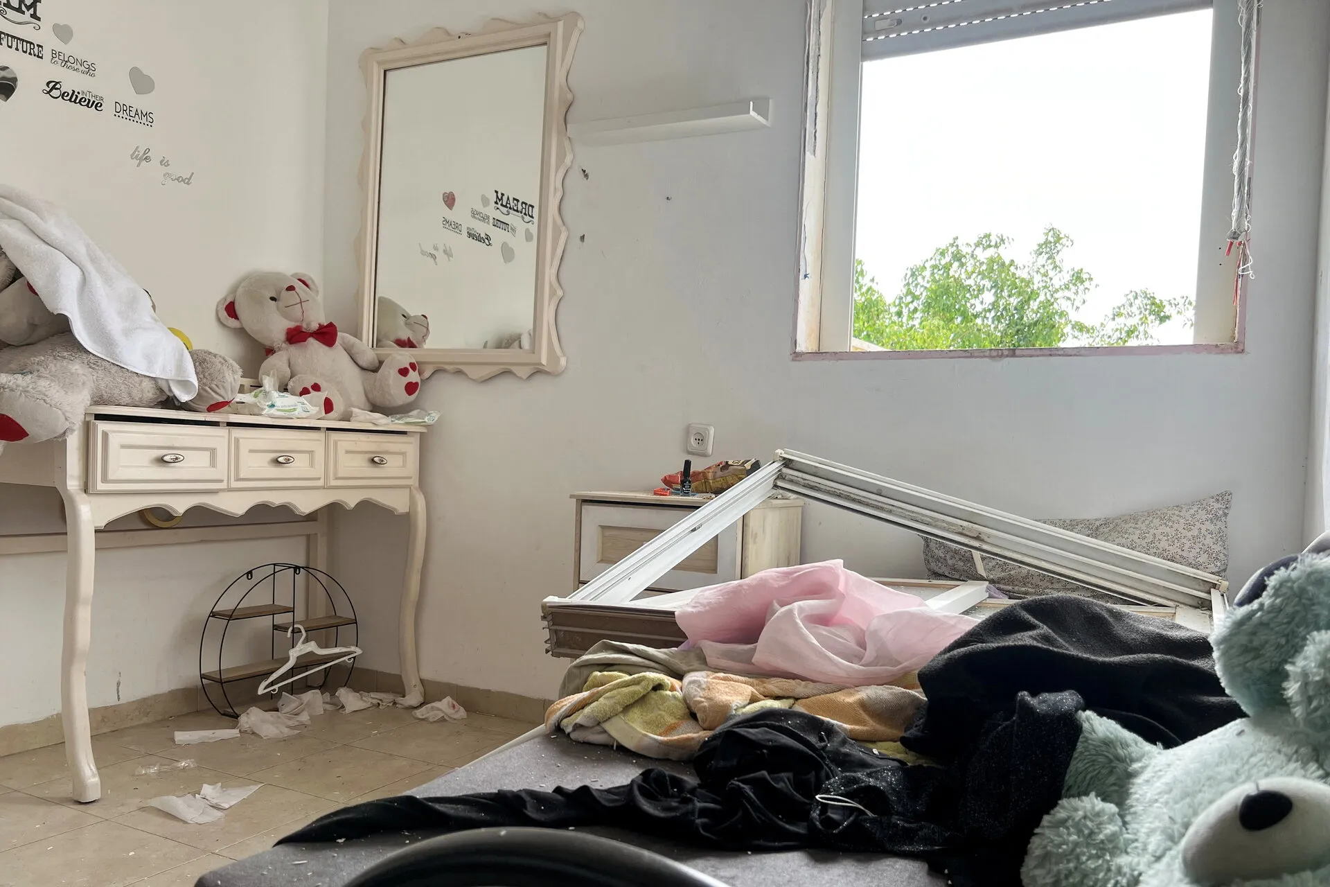 A child’s room in a home that was hit by a missile in Shlomi, on the Israel-Lebanon border. Photo: Reuters