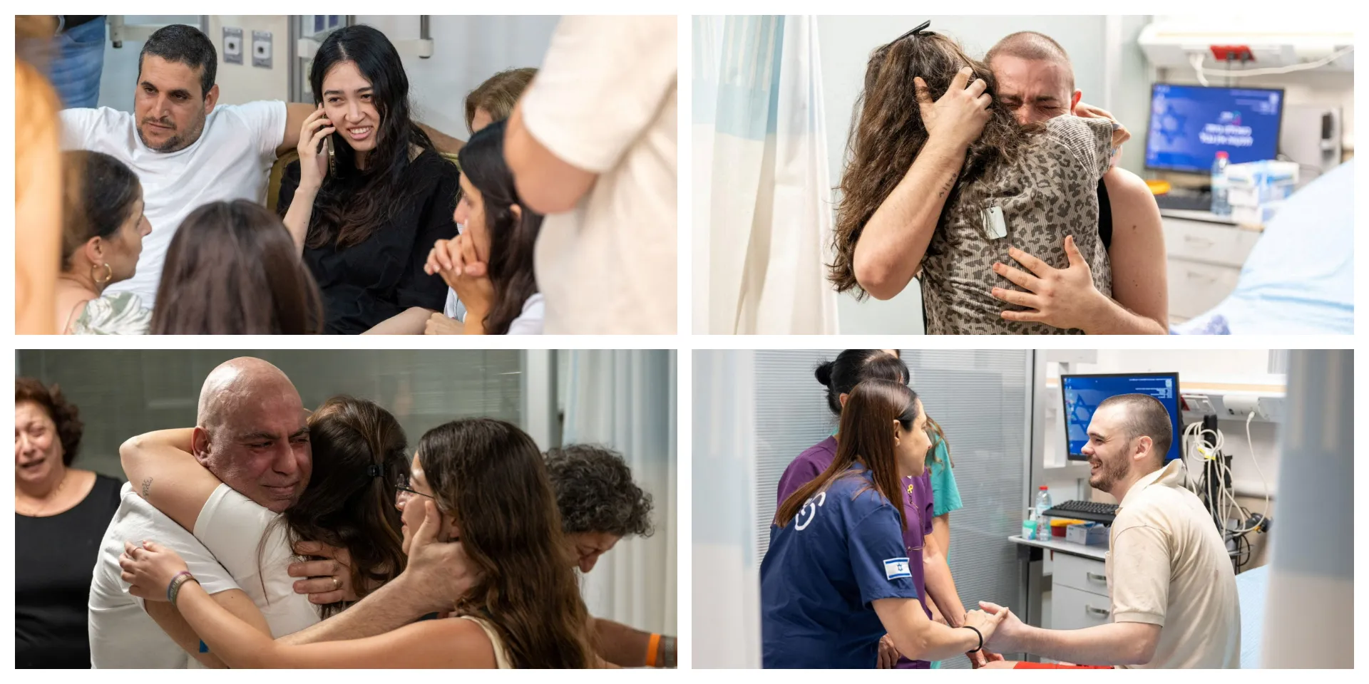 חזרת ארבעת החטופים בשבת, נועה ארגמני (משמאל ועם כיוון השעון), אלמוג מאיר ג'אן, אנדריי קוזלוב ושלומי זיו. צילומים: רויטרס