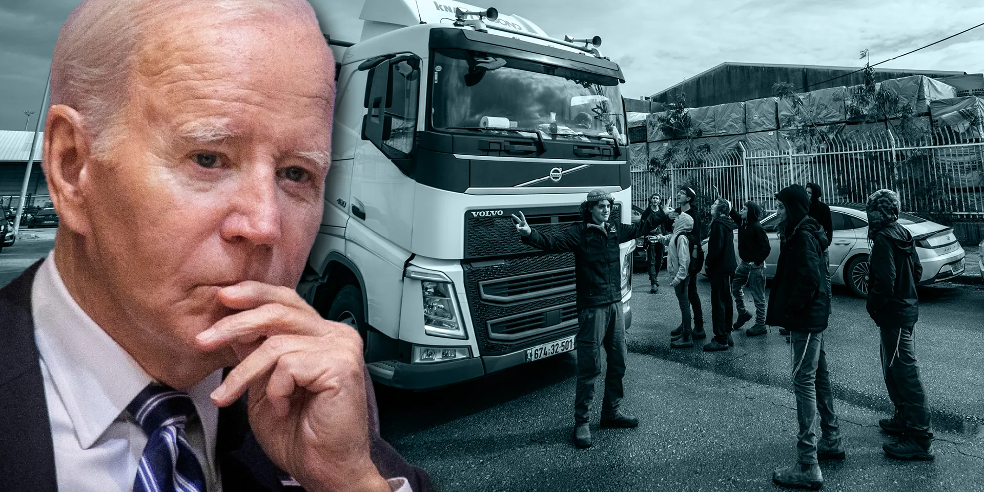 U.S. President Joe Biden against the backdrop of Israeli activists blocking humanitarian aid trucks from entering Gaza. Photos: Reuters