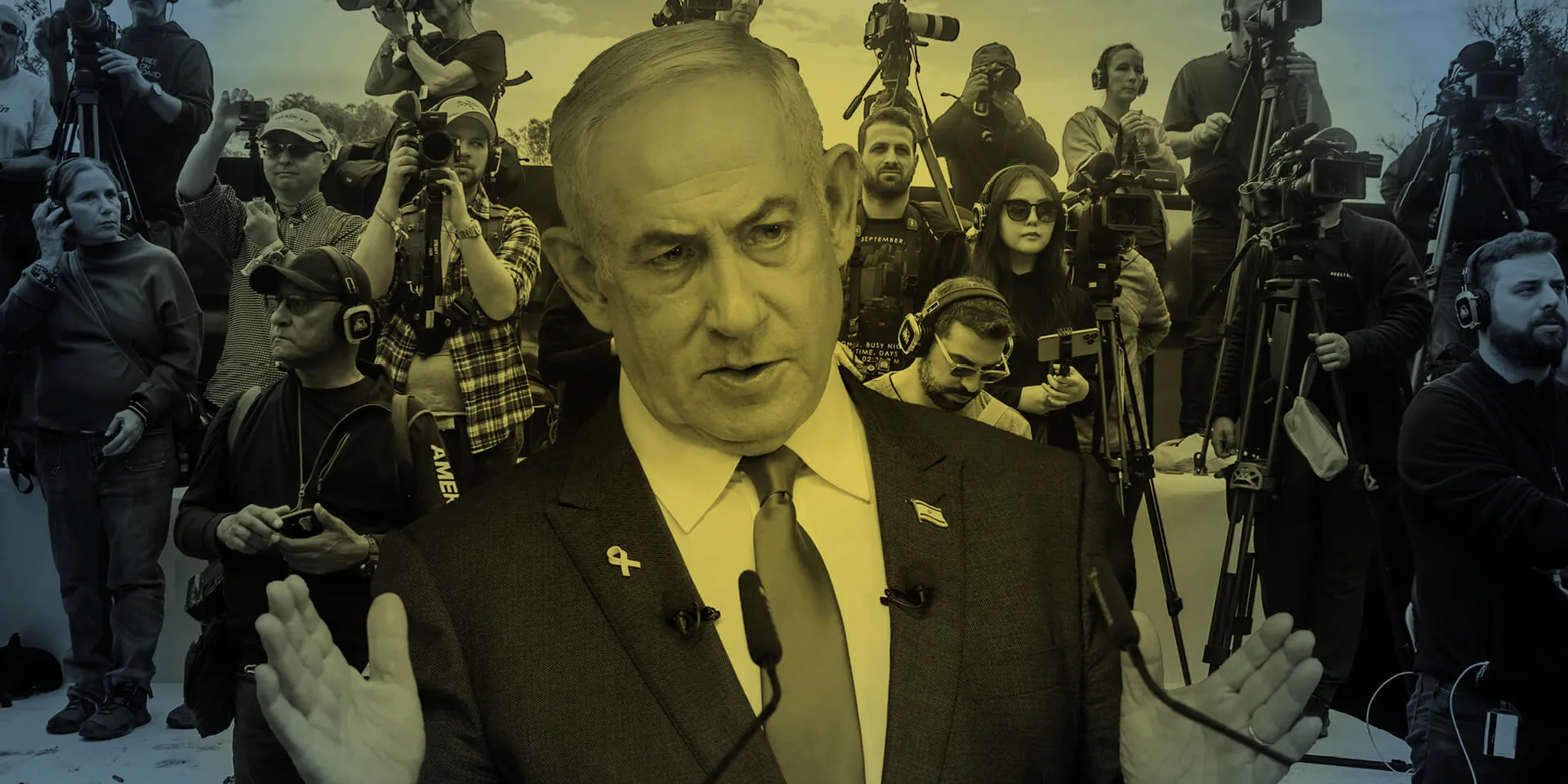 רה"מ נתניהו על רקע צוותי צילום בעוטף עזה. צילומים: רויטרס, שאטרסטוק