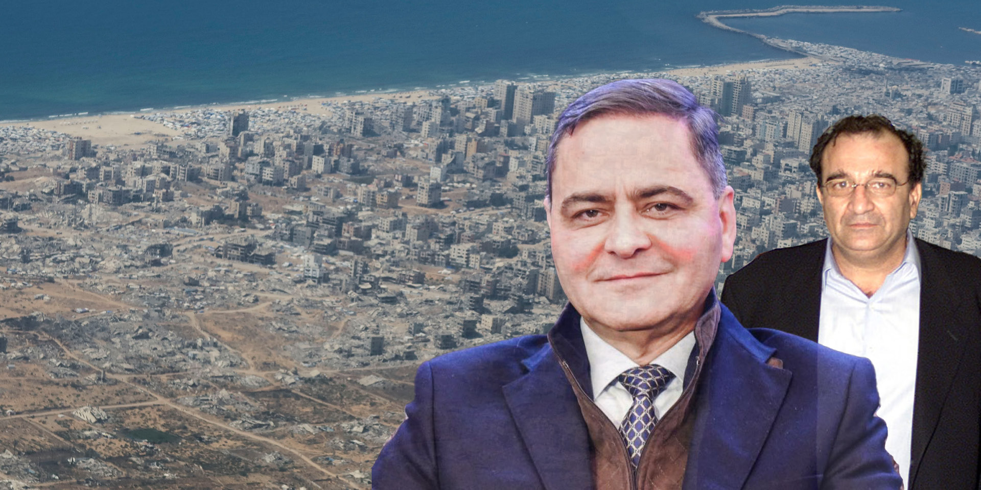 סמיר חלילה ומאחור ארי בן-מנשה, על רקע רצועת עזה ההרוסה כיום. צילומים: רויטרס, צילום חלילה מתוך עמוד הפייסבוק שלו - שימוש לפי סעיף 27 א' לחוק זכויות יוצרים