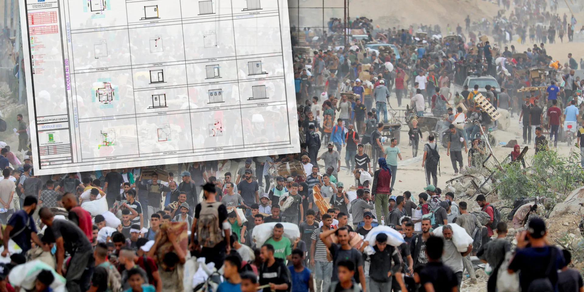 Gazans at a humanitarian aid center, August 2025 (Photo: Reuters), and page from the UN tender