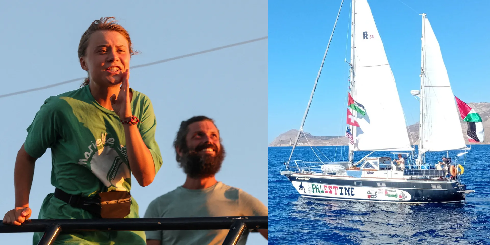 Right: One of the 52 flotilla boats near Crete. Left: Greta Thunberg on board the ship near the coast of Crete. Photos: Reuters