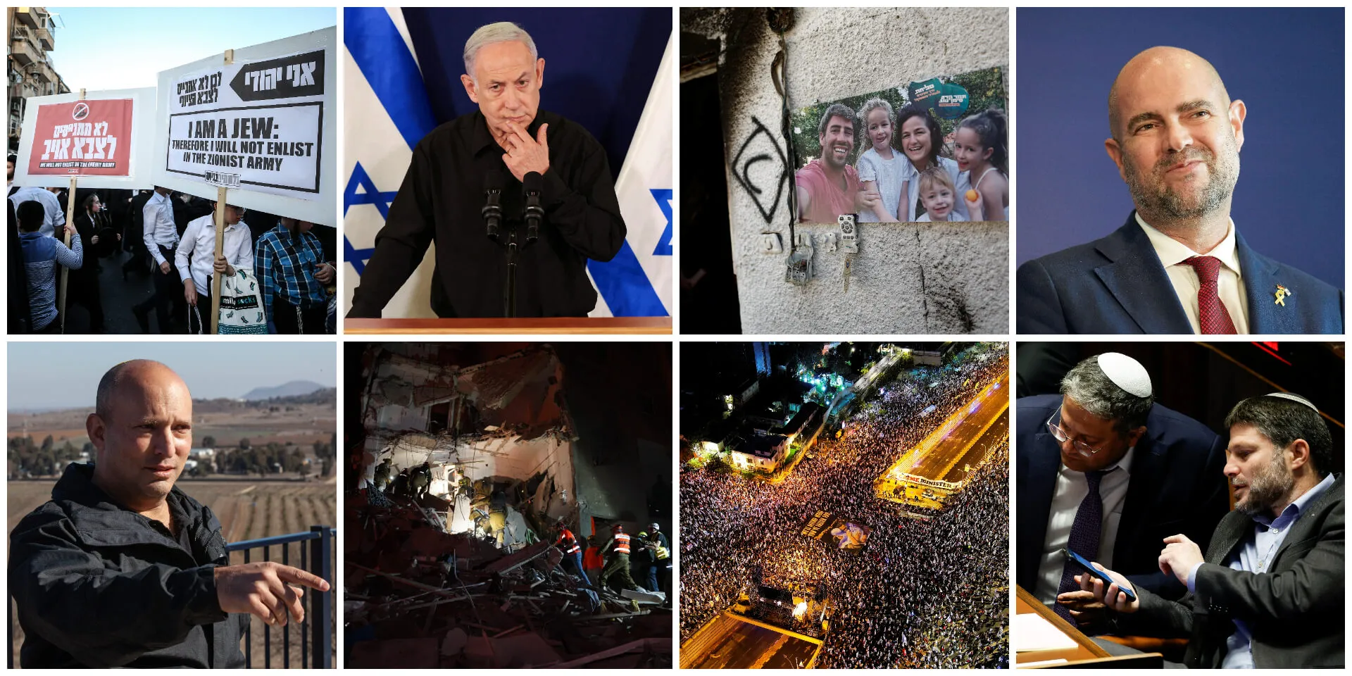 Clockwise from top left: An ultra-Orthodox protest against the draft; Prime Minister Netanyahu in October 2023; the Siman-Tov family, who were murdered on October 7; Knesset speaker Ohana; Ministers Smotrich and Ben-Gvir; a protest on Kaplan Street in April 2023; an Iranian ballistic missile strike in June 2025; and former Prime Minister Bennett. Credit: Reuters