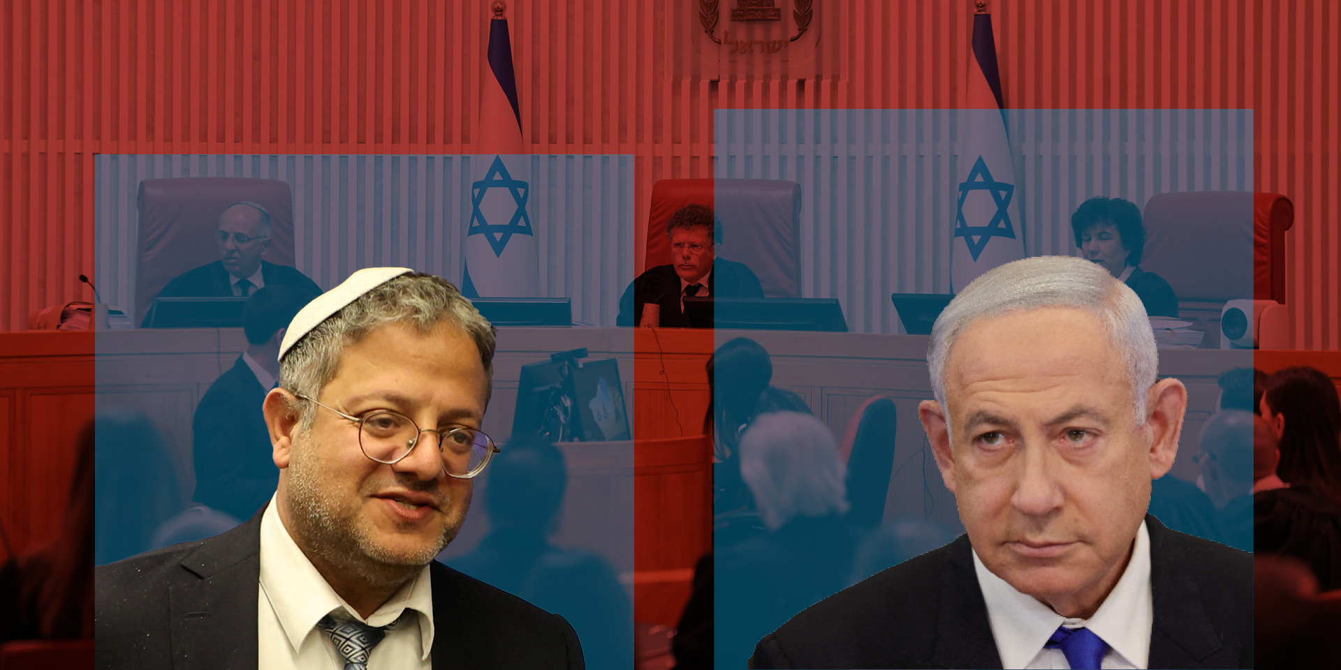 מובילי העתירות - הליכוד בראשות נתניהו ועוצמה יהודית בראשות בן גביר, ברקע שופטי העליון עמית, סולברג וברק-ארז. צילומים: רויטרס