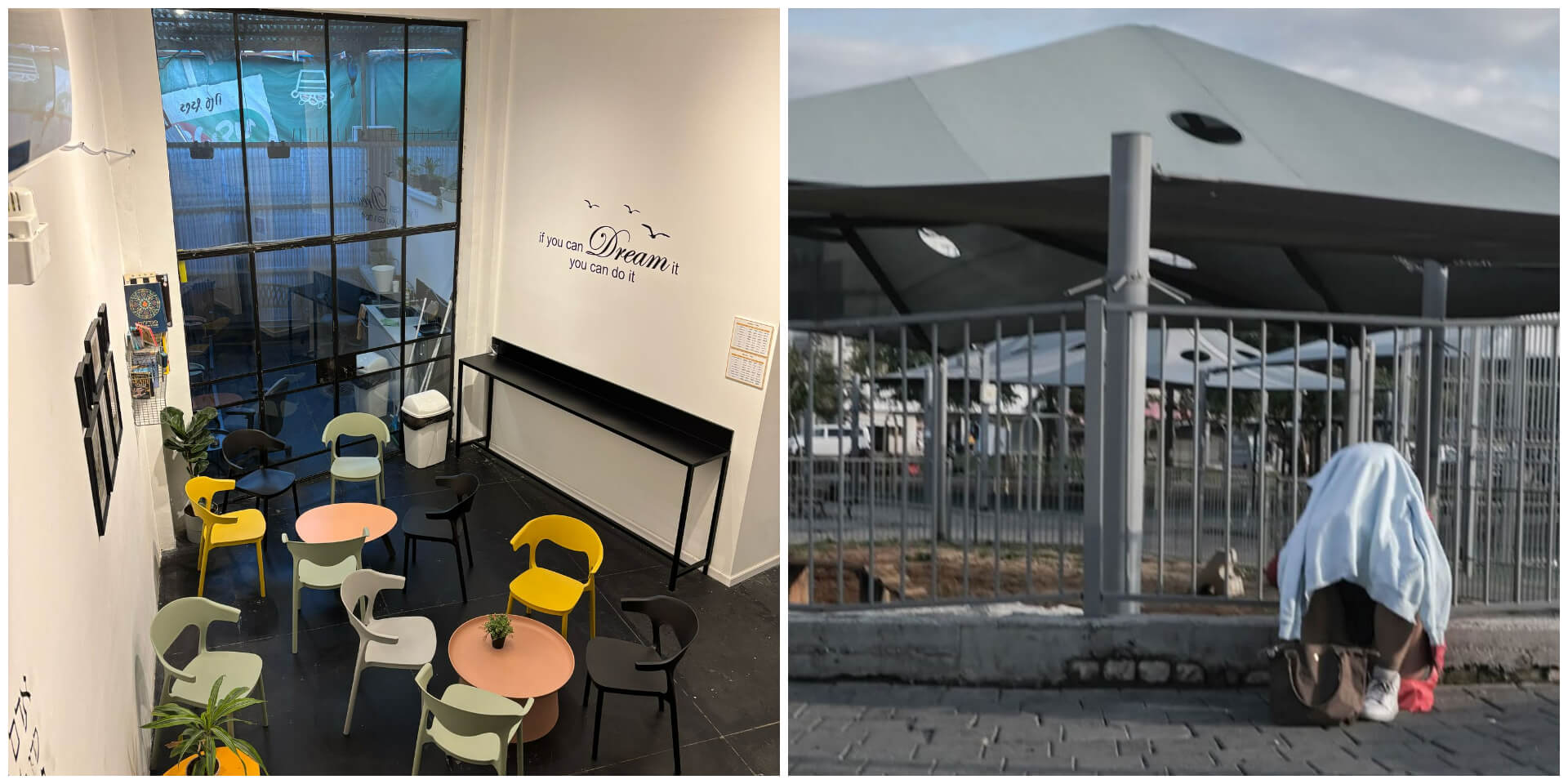 אדם ברחוב (מימין, צילום: ביאה בר קלוש) ומרכז יזהר בתל אביב (צילום: פרטי)