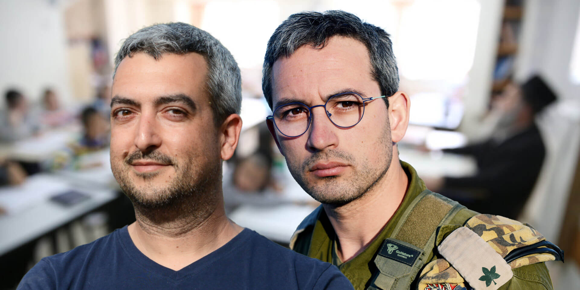יואל שטיינמץ (מימין) וישראל מור יוסף על רקע כיתת לימוד בבית ספר חרדי. צילומים: איל יצהר, שאטרסטוק