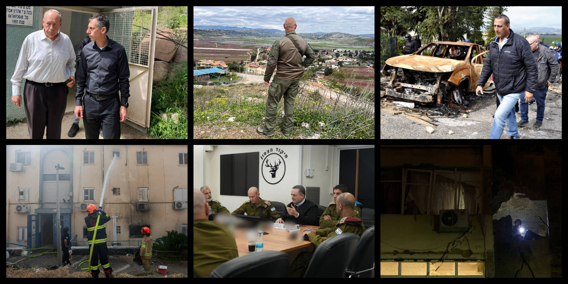 משמאל ועם כיוון השעון: ראש המועצה גליל עליון אסף לנגלבן עם מבקר המדינה מתניהו אנגלמן (צילום: אילון בדר), חייל צה"ל במטולה, ראש המועצה דוד אזולאי, פגיעה בקריית שמונה, שר הביטחון בפיקוד צפון וכוחות כיבוי בקריית שמונה. צילומים: רויטרס