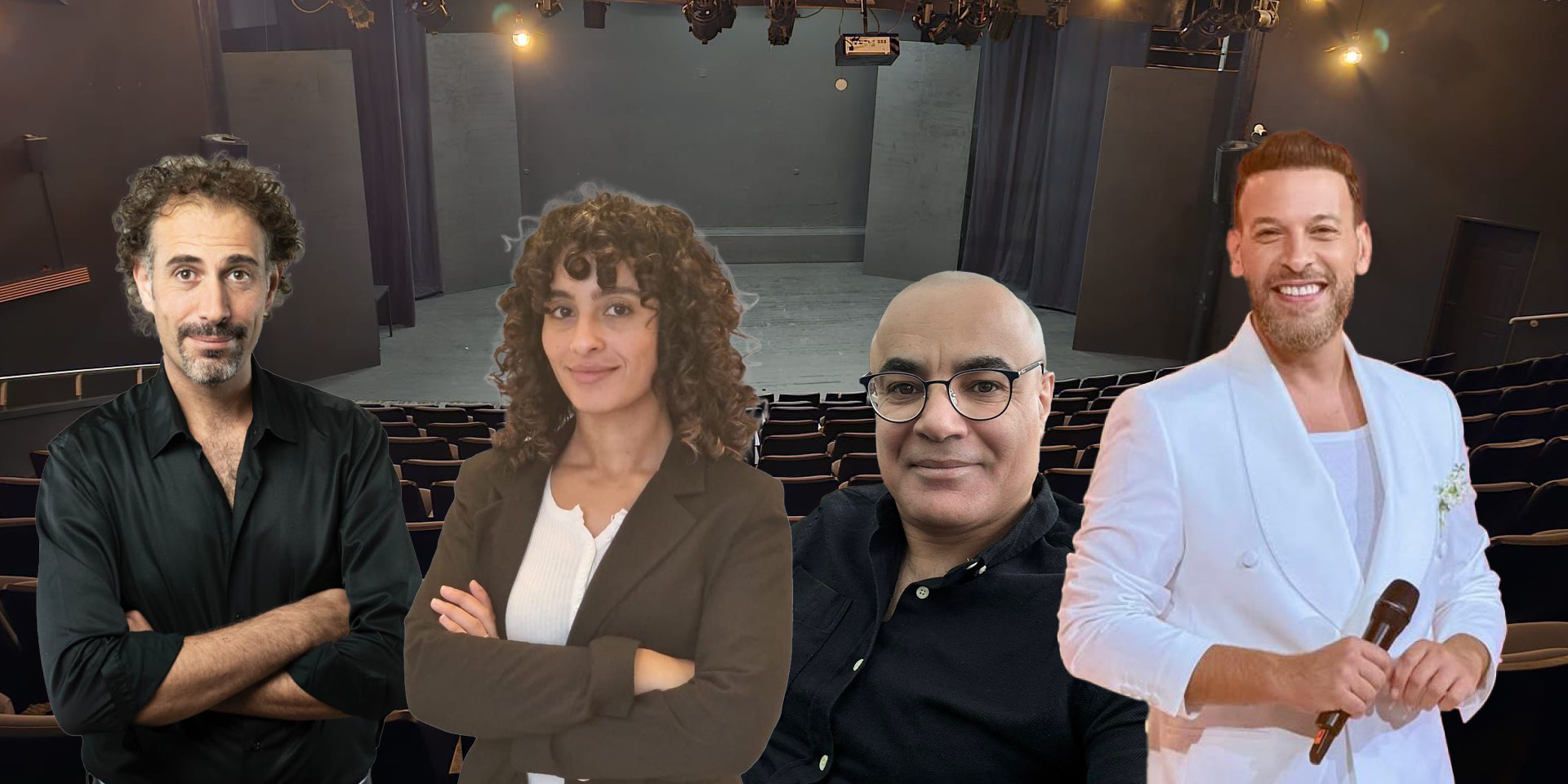 מנהלי מוסדות תרבות בחברה הערבית על רקע במת תיאטרון סרד. משמאל: איימן נחאס, איה זינאתי, מוחמד ביטאר ופאדי זע'אירה (צילומים באדיבות המצולמים)