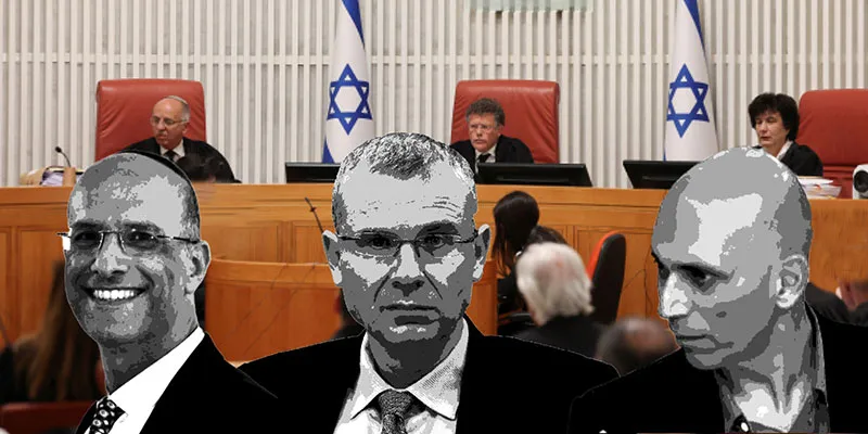 מאחור: נשיא בית המשפט העליון יצחק עמית, המשנה נעם סולברג והשופטת דפנה ברק ארז (צילום: רויטרס). מקדימה: שר המשפטים יריב לוין (עיבוד לצילום רויטרס), ד"ר רפי ביטון (עיבוד לצילום מסך מתוך חדשות 13), ד"ר אביעד בקשי (עיבוד לצילום מתוך ויקיפדיה)